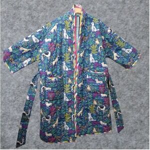 PRINT FRESH Organic Cotton Robe Womens L XL Floral Dog Quilted Reversible Stripe
